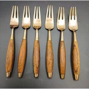Antique Rosewood Bronze and Wood Set of 6 Dessert Forks Thailand Rare